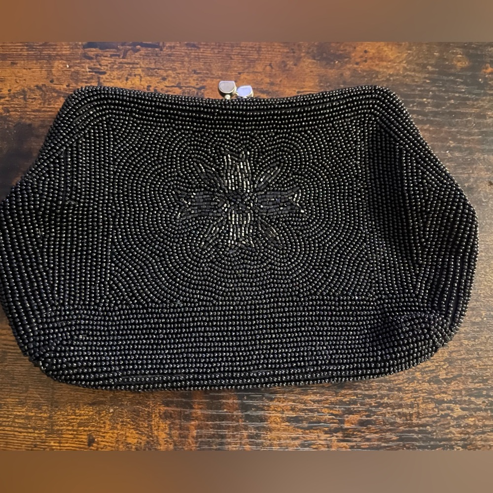 Black Beaded Evening Clutch - Elegant Floral Pattern